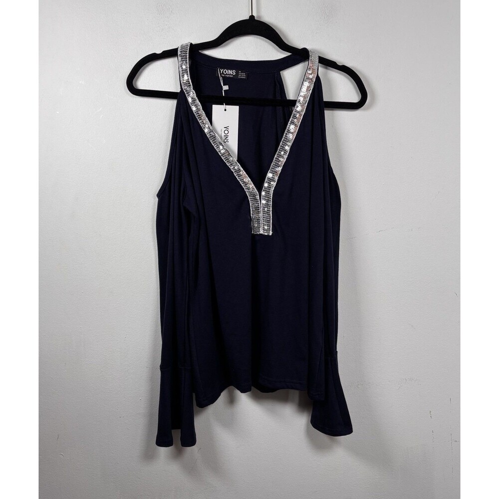 YOINS Navy Blue Embellished Open Front Y2K Cold Shoulder Top Size M